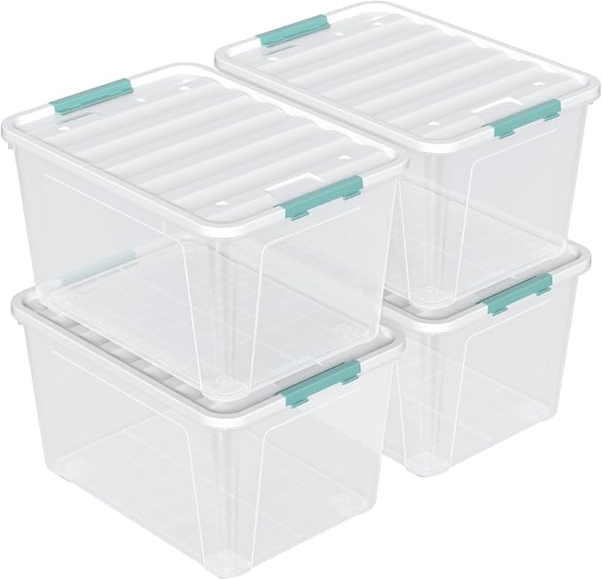 4 Pack 85 Quart Large Latching Storage Box Bin with Wheels, Clear
