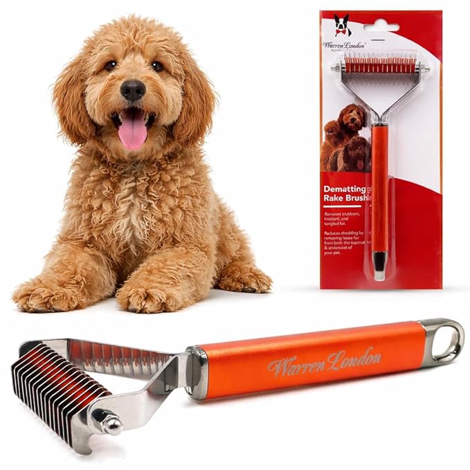 Warren London Undercoat Rake Brush for Dogs and Cats - Premium Deshedding Tool for Long Haired Pets - Skin Friendly Dematting Comb for Professional Grooming Results at Home