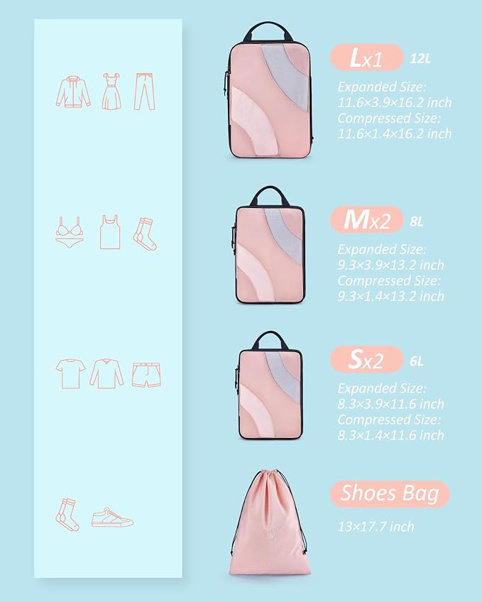 BAGSMART Compression Packing Cubes for Travel | Lightweight suitcase organizers bag set, space-saving double zipper expansion for carry-on luggage & travel organization