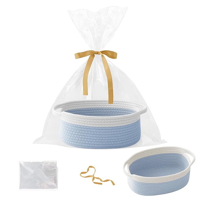 Woven Rope Basket - Baby Gift Basket with Bag & Ribbon, White&Blue | Cotton rope with handle, 12 x 8 x 5 in, gift bag and ribbon, for baby shower, birthday, toy storage, nursery, shelf decor