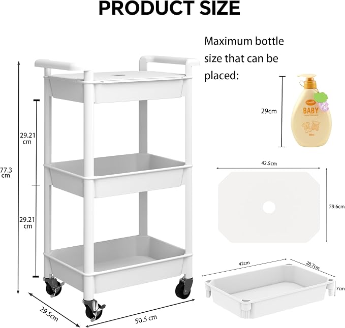 Steehoom 3-Tier Utility Rolling Cart with Cover Top Board, Mobile Utility Cart with Lockable Casters Multi-Functional Storage Trolley for Office, Bathroom, Kitchen, Garden, Laundry Room (White)