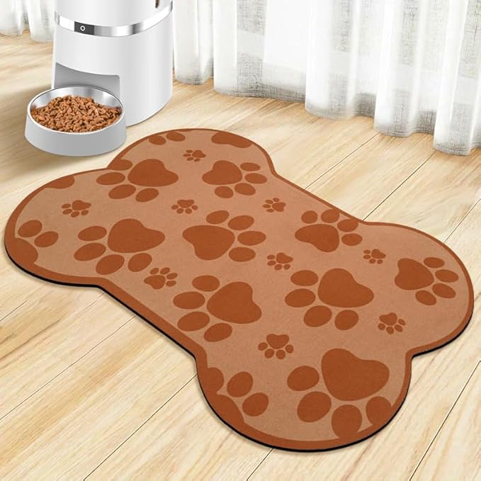 Dog Food Mats for Floors Waterproof, Pet Feeding Absorbent Water Bowl Mat Cat Placemats Brown Bone Shape 19 * 12 inch