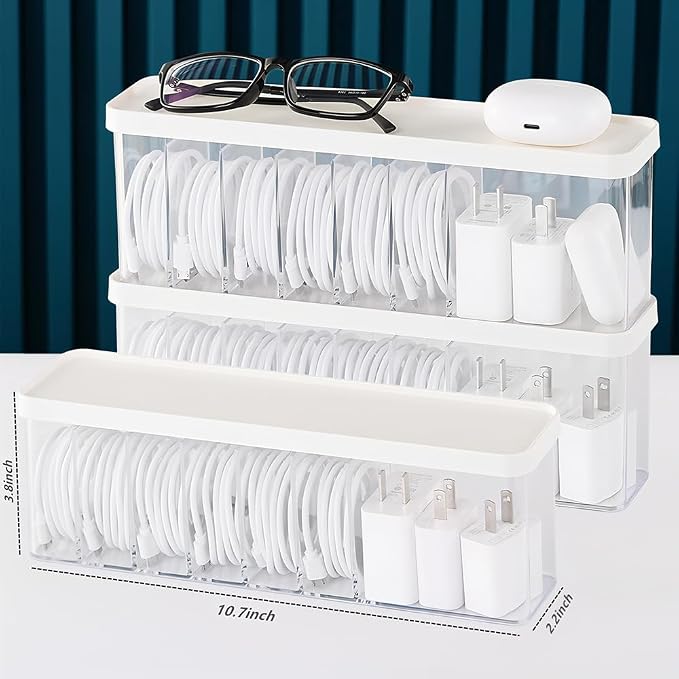 Charger Cable Cord Storage Organizer Box - Easy Storage Without Cable Ties | Stackable,with Lid,Dust-Proof,Space Saving,6 Standard Space and 1 Larger Space,for Home Office Desk Accessories Supplies