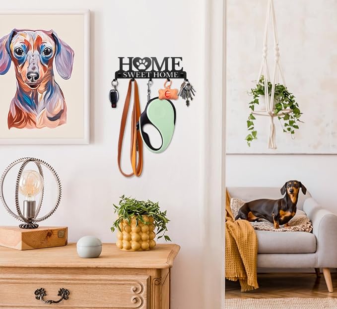 Dog Leash Holder Wall, Dog Leash Hanger Pet Leash Hook Home Sweet Home Design - Unique Metal Key Holder for Wall - Decorative Dog Leash Organizer for Wall, Dog Lovers Gift Idea