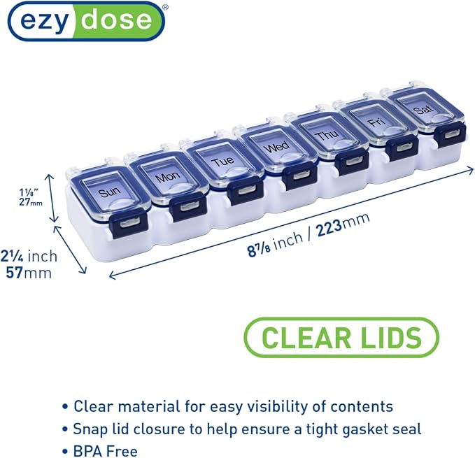 Ezy Dose Weekly (7-Day) Pill Organizer, Large Medicine Planner, Blue | Daily Vitamin & Supplement Case, Waterproof Locking Compartments to Secure Prescription Medication, Travel-Friendly, BPA-Free