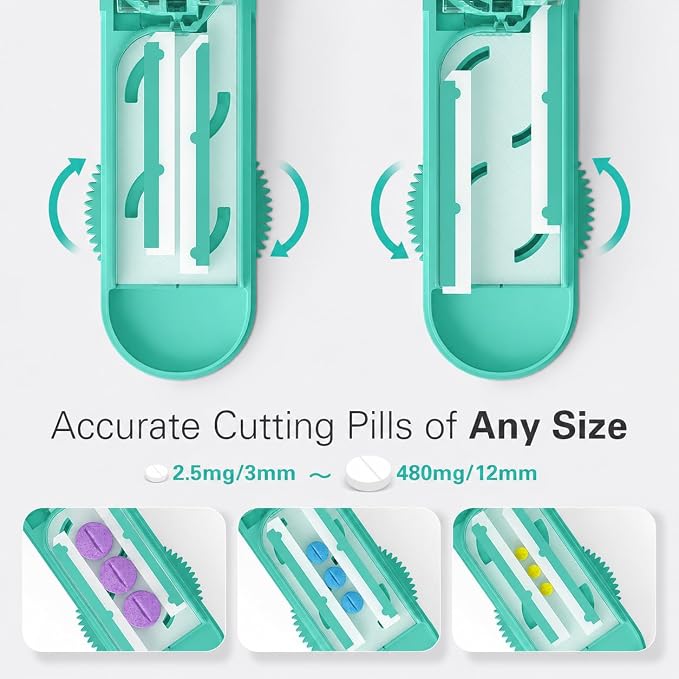 ONE PIX Pill Cutter Splitter for Small and Tiny Pills, Multiple Pill Splitter with Centering Device & Hidden Blade, Adjustable Tablet Cutter for Large Pills, Seniors, Pets, Cyan
