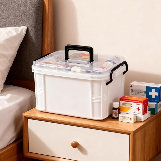 HEY FOLY 15qt White Medicine Organizer Storage Box with Tray, Plastic First Aid Box Empty, Thickened Medicine Container Chest, Multipurpose Medical Case with Labels, Medicine Caddy with Lids Handles
