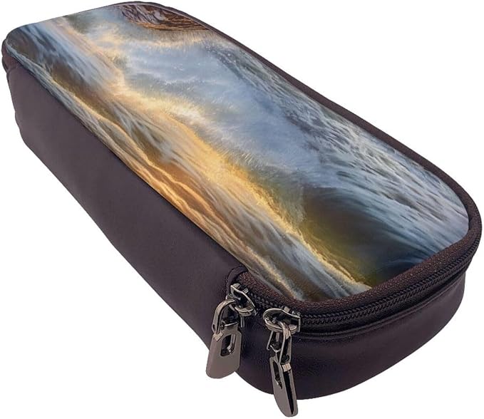 Leather Pencil Case Organizer Big Capacity Pencil Pouch Storage Bag With Compartments Cute Pencil Bag Rocky Wave Sunset Painting Pen Box Portable Cosmetic Makeup Bag Organizer
