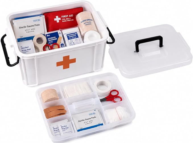 White Small Empty Medical Box for Home Emergency Supplies, Travel, Car, and Dorms – Compact First Aid Box with Handle, Detachable Tray and Locking Lid – Medical Organizer and First Aid Kit Storage