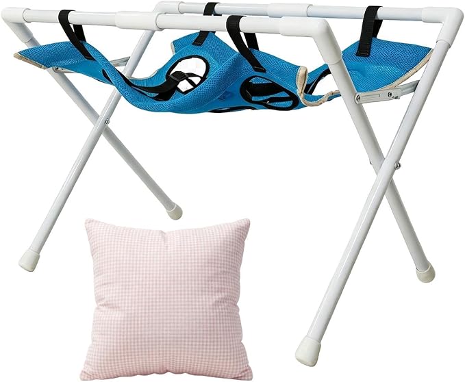 Dog Grooming Hammock Frame - Bath Chair | Foldable Support Stool for Pet | 61x35x42cm | Washable Mesh Restraint Stand | Heavy-Duty Bath Stool With Pink Pillow For Small Medium Breed Dog, Puppy, Cat