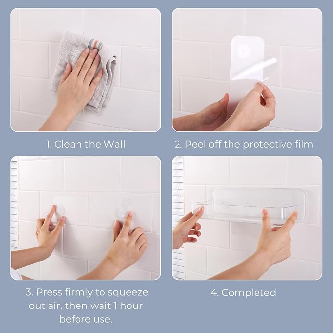 Long Adhesive Wall Organizer Shelf, No-Drill, Clear | BPA-Free PET, Built-In Drain Holes, Detachable, Extended Storage for Shampoo Bottles, Body Wash, Spice Jars