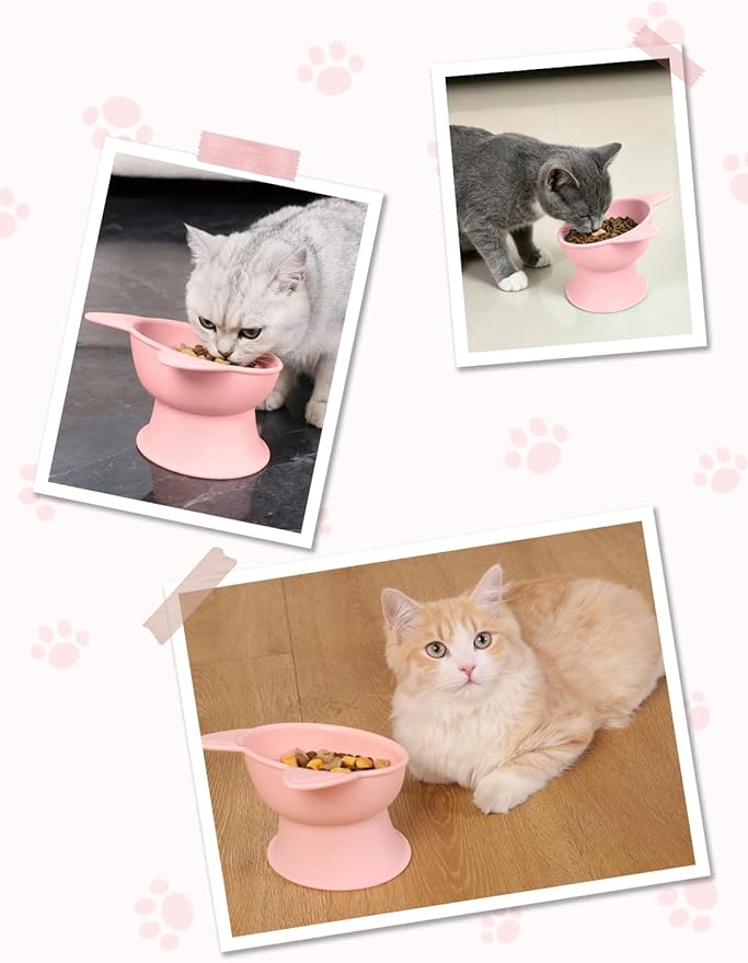 YINEYA Cat Bowls, Cat Food Bowl Elevated to Protect Neck & Anti-Vomit, Whisker-Friendly Raised Food & Water Bowls for Indoor Cats/Small Dogs, Cute Pet Feeding Bowl 6 OZ Each, Dishwasher Safe, Pink