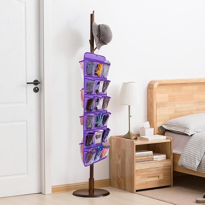 Dual-Sided Hanging Closet Organizer for Socks Underwear Bra Kids Storage Organizer for Baby Clothes Toddler Shoes with 26 Pockets (Purple-Clear Pockets)