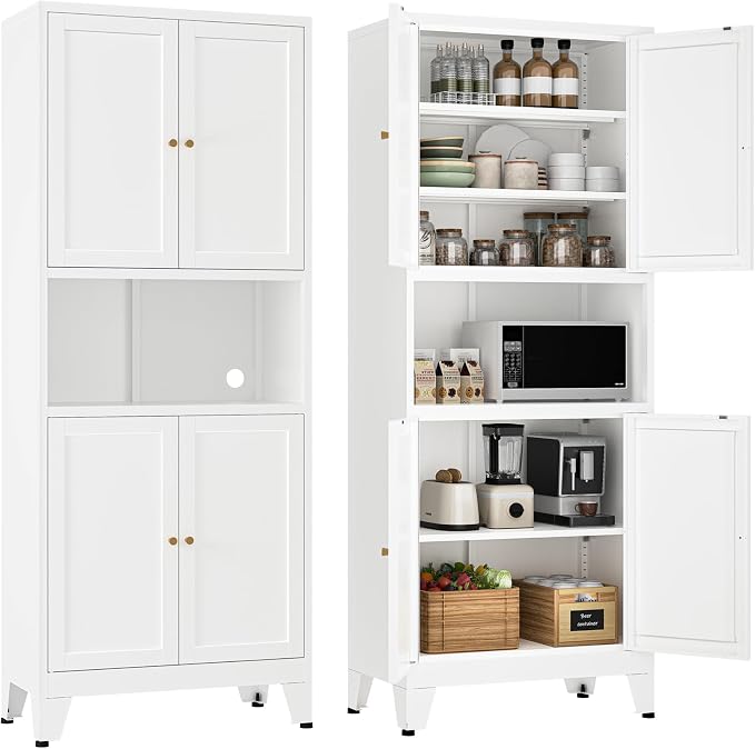 YAUWOH 69" Tall Metal Kitchen Pantry Cabinet with Microwave Shelf, 4 Doors & 3 Adjustable Shelves, Heavy Duty Food Storage Cabinet with Anti-Tip Design for Kitchen,Dining Room (1PC,White)
