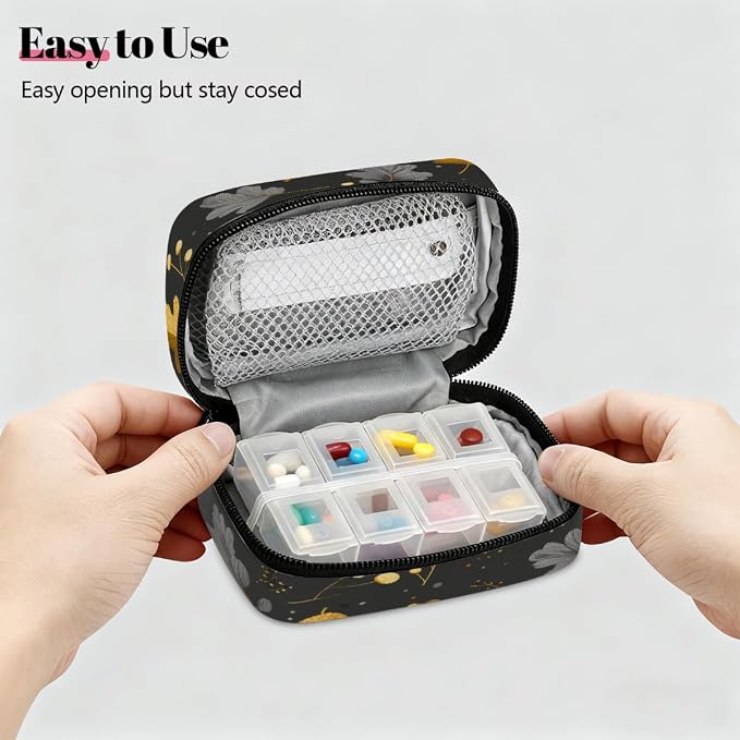 Travel Pill Organizer Black Gold Pine Cones Autumn Leaf Pill Case