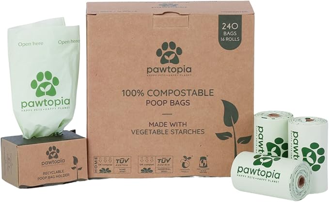 Pawtria Home Compostable Dog Poop Bags (240) with Paper Poop Bag Dispenser | 240 Compostable Dog Poop Bags with Reusable Paper Dispenser, Leak-Proof, Easy Open, TÜV AUSTRIA Certified