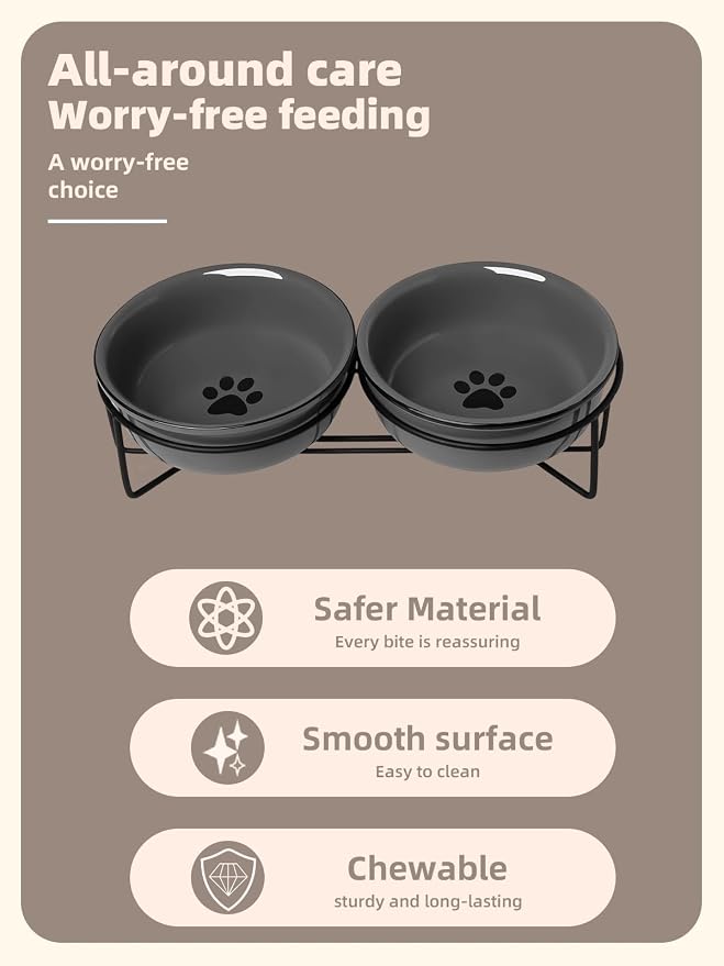 GDCZ Ceramics Raised Cat Bowls with Heighten Metal Stand,15 Ounces (Grey)