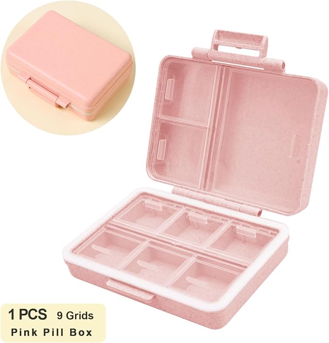 9 Compartments Portable Pill Organizer, Personal Small Pill Box | Pink Daily Medicine Dispenser, Made from Wheat-Straw Fiber, to Hold Medicine Fish Oil Vitamin Capsule Supplement, Travel Work