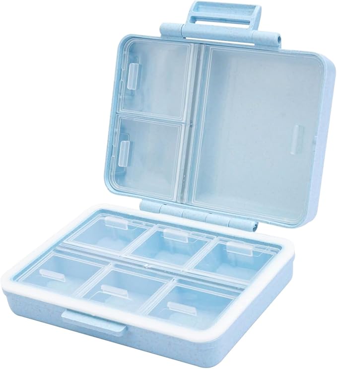 Travel Pill Organizer, 9 Compartment Portable Medicine Storage Box | BPA-Free, Double Lock, Daily Cute Medicine Case, Weekly Vitamin Supplements Fish Oils Meds Organizer, for Travel, Work, Blue