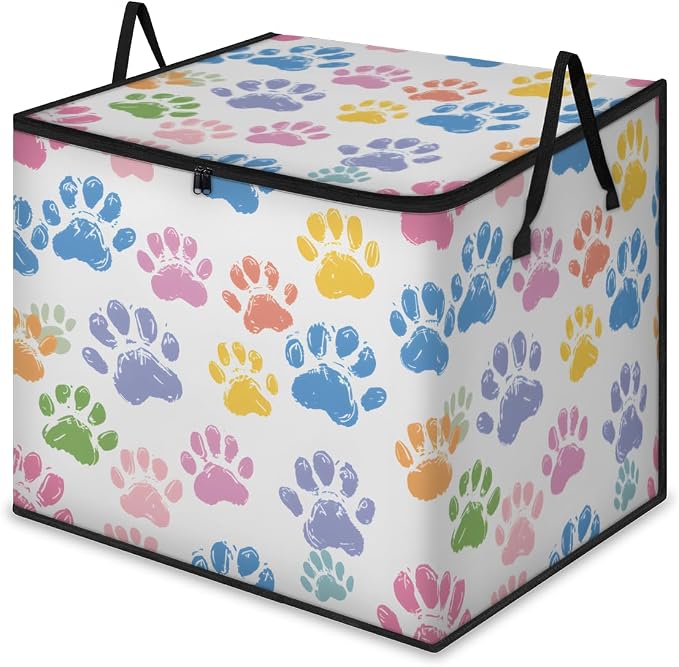 Colorful Dog Paw Large Storage Bags, Fabric Bed Storage Containers, Foldable Closet Organizers for Blanket, Clothing, Comforter, Bedding, Paw Print