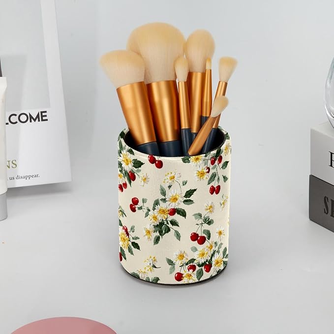 Faux Leather Pen Holder for Desk, Pencil Organizer Daisies and Cherries Pen Cup Desk Decor Makeup Brush Holder Storage for Office Home