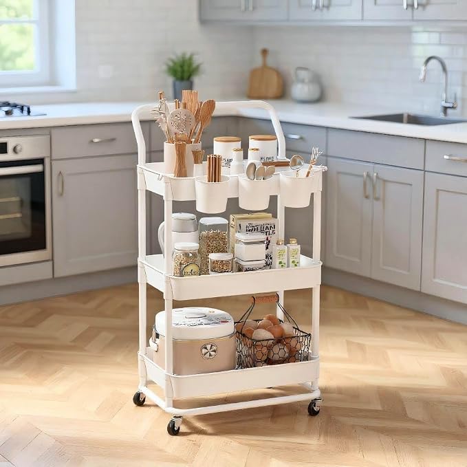 Buzowruil 3-Tier Rolling Utility Cart, Storage Cart with Handle Multi-Purpose and Locking Wheels,with Hanging Basket and Hook for Office, Kitchen, Bathroom,White