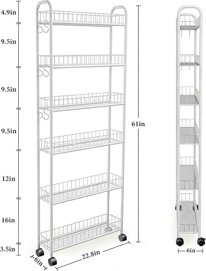 Slim Rolling Storage Cart with Wheels, 6in 6 Tier White | Narrow Space Shelving Unit, Metal Wire Mobile Organizer Rack for Kitchen Bathroom Office Laundry