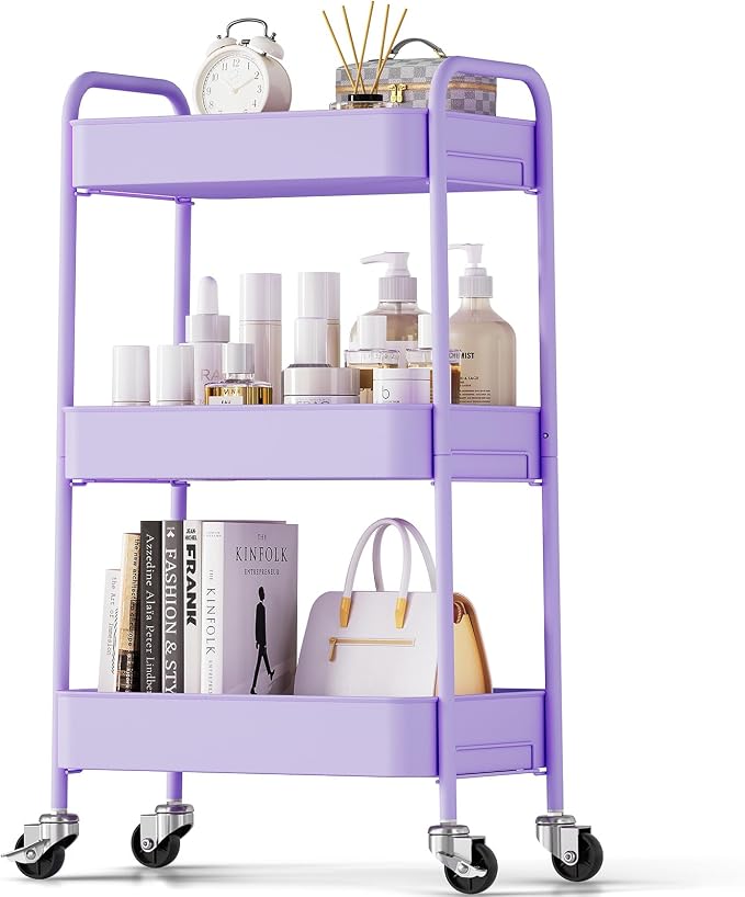 TOOLF 3 Tier Metal Rolling Cart, Utility Storage Cart with Wheels, Purple | Screwless Assembly, Lockable Metal Wheels, Trolley Organizer for Bathroom, Kitchen, Office, Dorm, Laundry, Craft Room