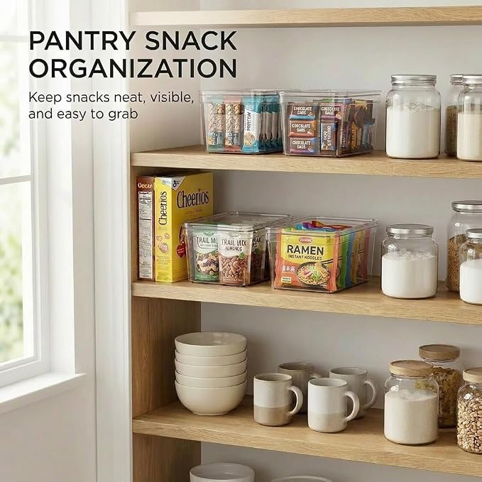 MOONEDGE 8-Pack 10x6x5 Stackable Small Clear Storage Bins with Lids | Plastic small item organizer containers with handles for vanity, craft, office, fridge, kitchen, pantry, bathroom and closet