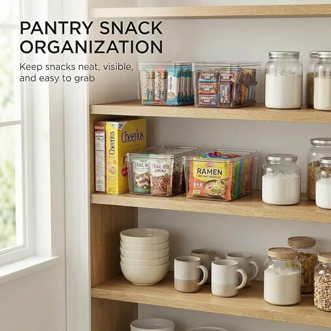 MOONEDGE 6-Pack 10x6x5 Stackable Small Clear Storage Bins with Lids | Plastic small item organizer containers with handles for vanity, craft, office, fridge, kitchen, pantry, bathroom and closet