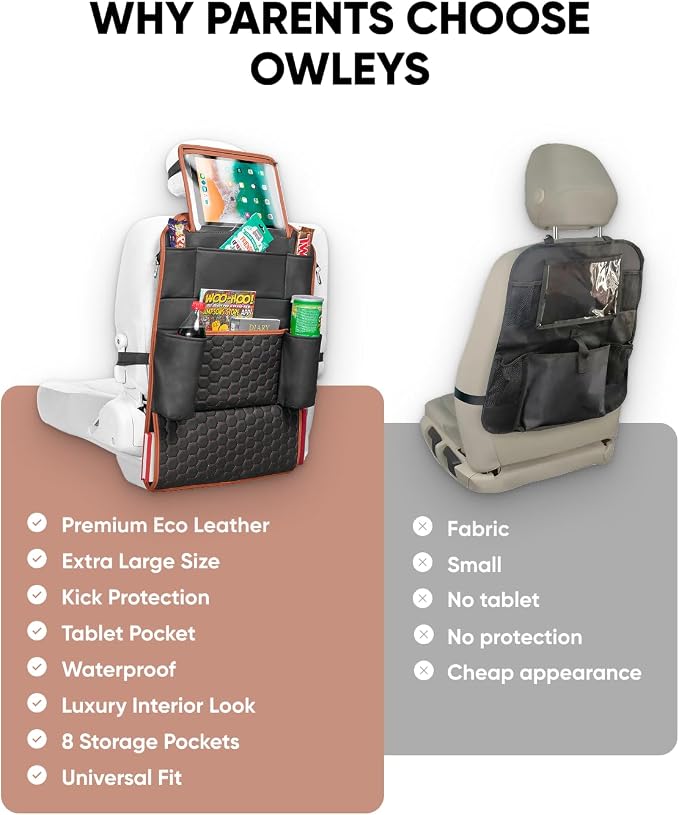 Owleys Back of Seat Organizer for Kids | Car Storage Caddy – 8 Pockets + Transparent Tablet Holder | Waterproof Eco-Leather | 27.5' x 18.5' | Brown+Black | Hanging faux leather backseat organizer, 8 pockets plus a clear tablet pocket, doubles as a kick...