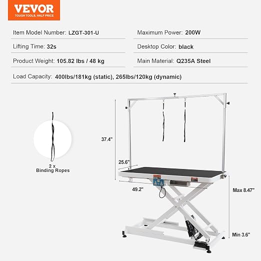 VEVOR 50 Inch Pet Grooming Table, Heavy Duty for Large Dogs, Height Adjustable, Anti Slip Tabletop, Grooming Arm Included, Max Load 400LBS