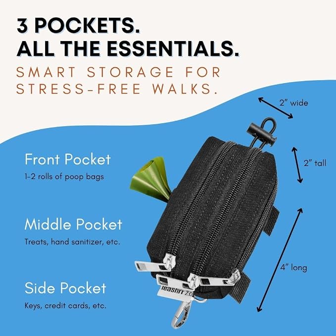 Dog Poop Bag Holder for Leashes and Treat Holder with 3 Waterproof Pouches | Poop Bag Dispenser for Pet Waste Bags and Walking Accessories + 1 Free Roll