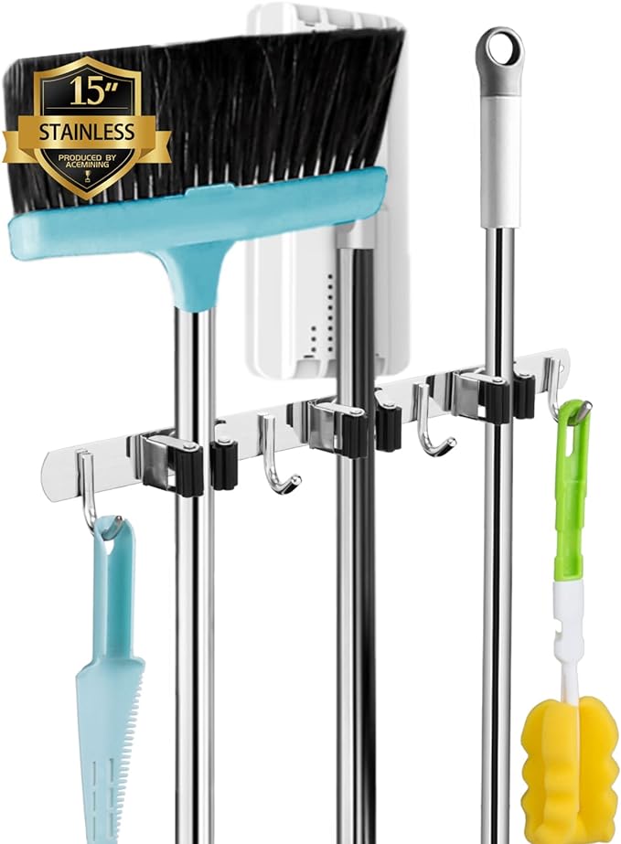 AceMining Broom Holder Wall Mount, 3 Racks 4 Hooks Heavy Duty Mop Organizer | Mop Holder Wall Mount and Broom Hanger for Garage, Laundry Room, Kitchen and Utility Storage