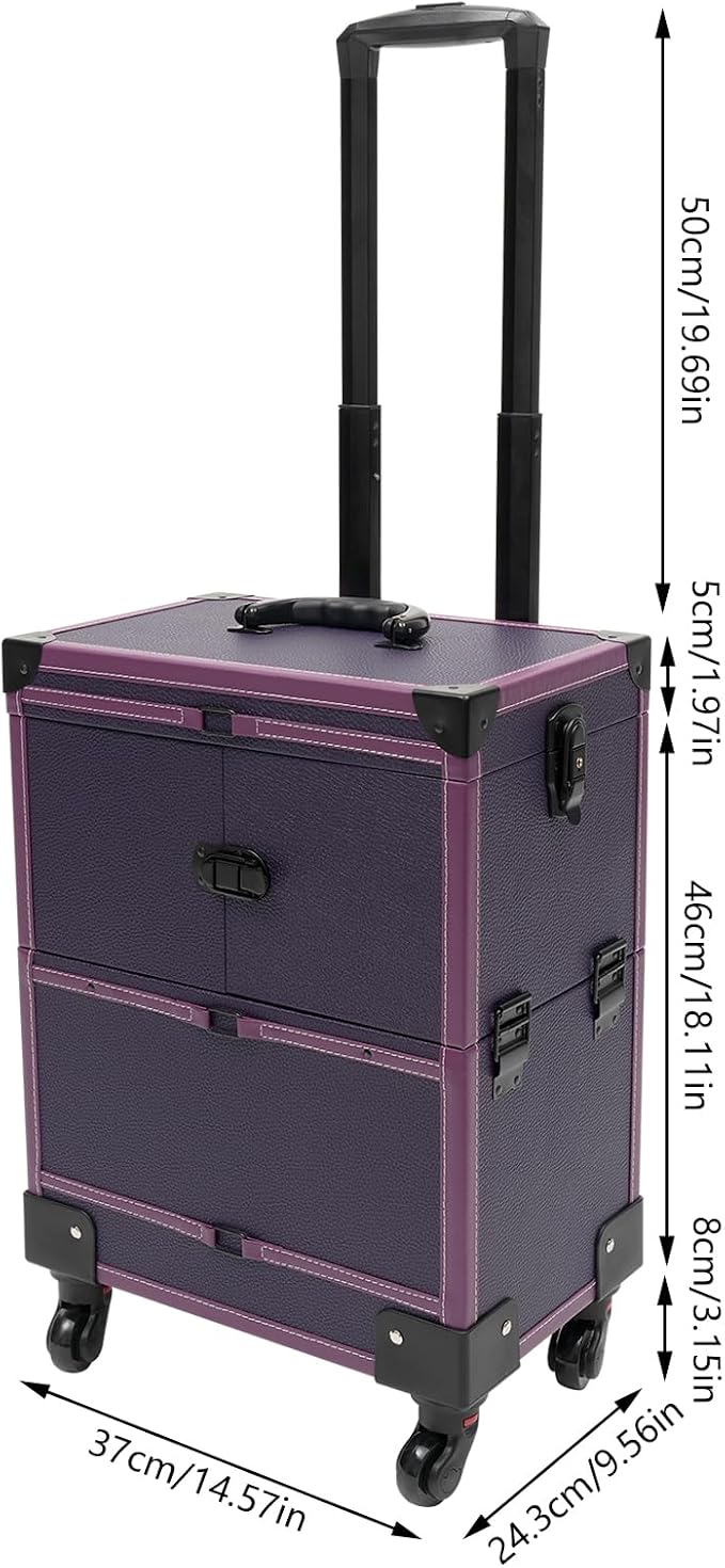 Rolling Makeup Train Case, Aluminum Cosmetic Trolley Organizer with Sliding Drawers, Barber Case with Key Swivel Wheels, Travel Cosmetic Organizer for Hair Stylists,Pet Groomers,Makeup Artists, Purple