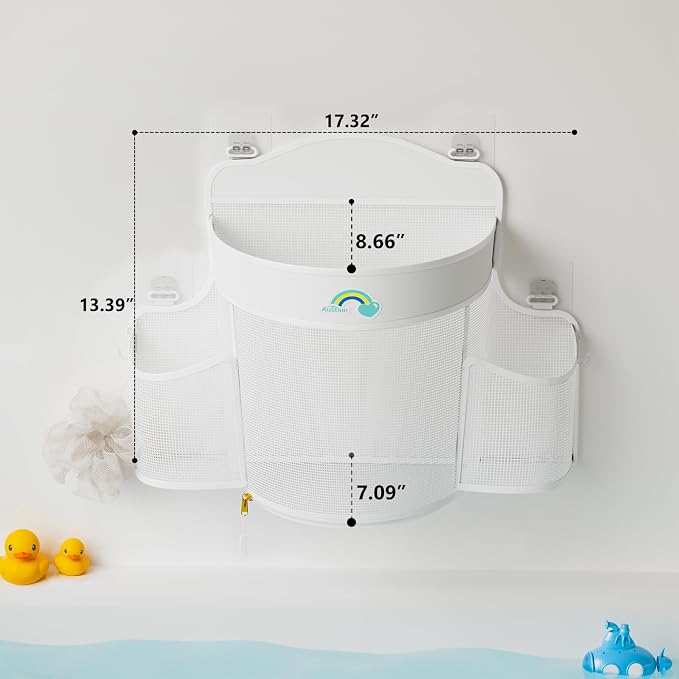 Austion Hanging Bath Toy Storage - Large Opening Quick Dry Mesh Bath Toy Holder with 2 Side Pockets and Bottom Zipper, Space-Saving Bath Toy Organizer for Kids Bathtubs - White