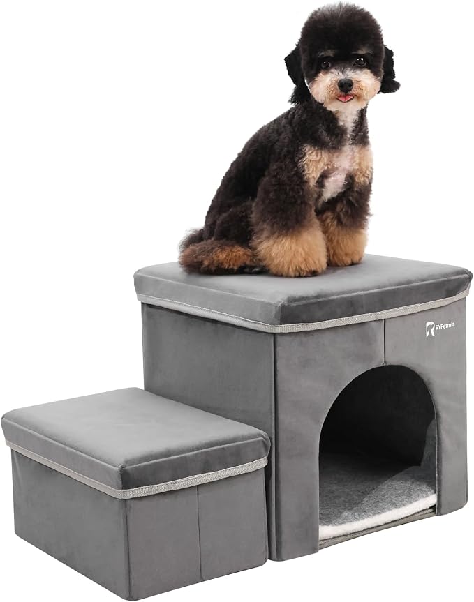 Foldable Pet Stairs with Cozy House & Storage | 2-Step Dog Stairs for High Beds and Couch, Non-Slip Dog Steps for Small & Medium Dogs, Cats, Puppies, Grey