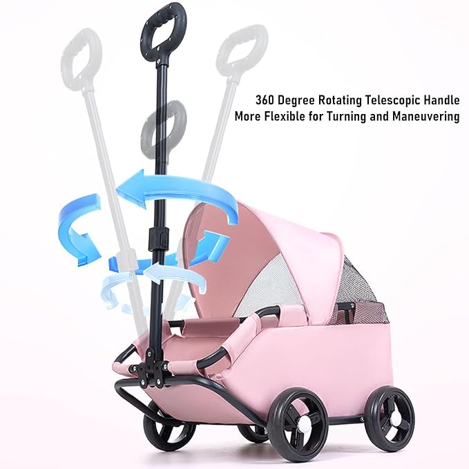 banapoy Foldable Pet Stroller with Canopy, 4 Wheels Pet Strolling Cart for Small Dogs Cats, Lightweight Easy Assembly, 1 Hand Fold, Outdoor Use (Pink)