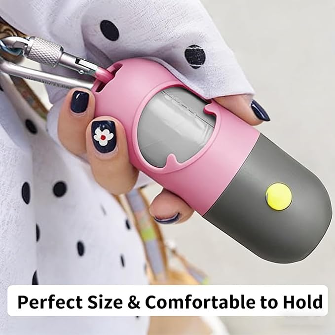 Dog Poop Bag Dispenser with Built-in LED Flashlight and Metal Clip for Leash, Pet Waste Bag Holder, Dog Walking Accessory (Pink)
