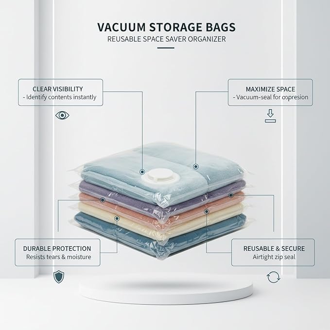 Clear Vacuum Storage Bags with Valve, Reusable Compression Saver for Bedding & Clothes, Space Saving Organizer (1 Pack)