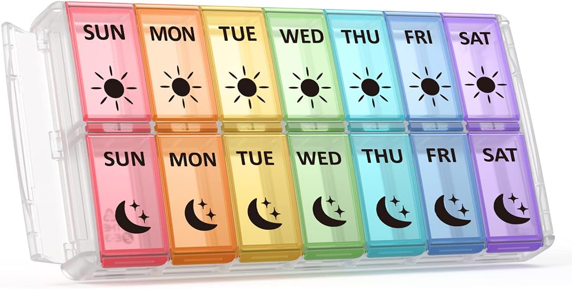 Fullicon Quick Fill, Pill Organizer 2 Times a Day, Rainbow Clear | Each Compartment Holds 15 Fish Oils, 30 Vitamins, or 25 Capsules, Two Side Buckle Locks, Detachable Base, BPA Free Plastic
