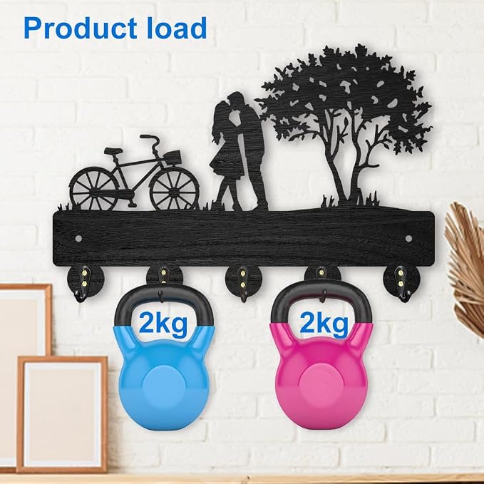 MAYJOYDIY Bicycle Couple Tree Coat Rack Wall Mount 11.8x7.9in Key Holder Decorative Wooden Coat Hanger Key Rack 5 Alloy Hooks for Valentine's Day Gift Wall Art Decor