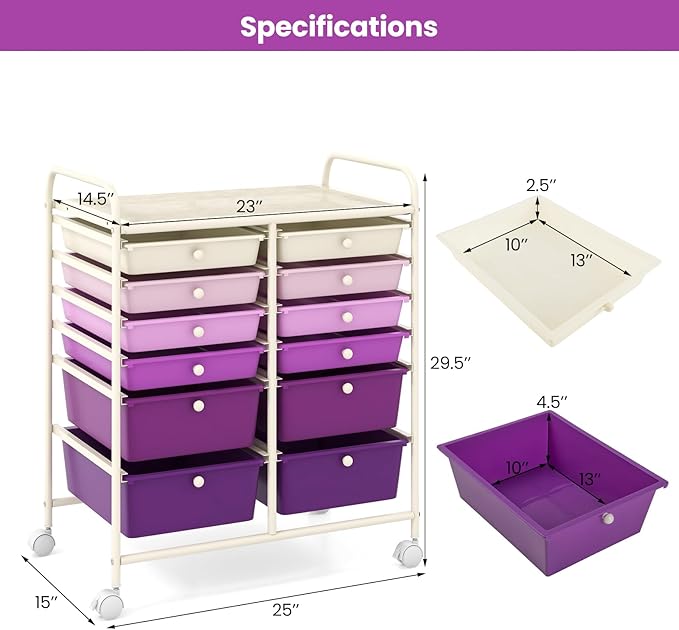 12 Drawer Rolling Storage Cart, Art Cart Organizer on Wheels, Mobile Utility Cart with Drawers, Multipurpose Craft Drawers for Home Office School Classroom (Gradient Purple)