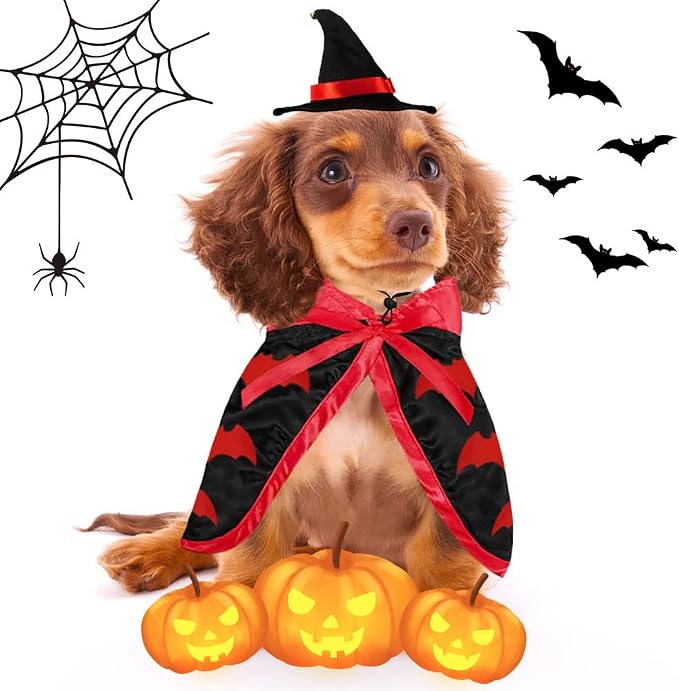 Estivaux Pet Halloween Costumes Dogs Cats Halloween Vampire Pets Costume Cape with Black Red Witch Hat Wizard Cats Cosplay Clothes Apparel for Small Dogs Cats Halloween Party Decorations