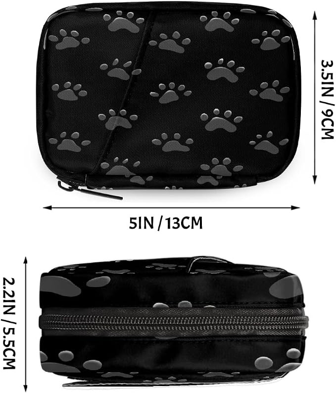 Weekly Pill Organizer Travel Size Bag with Removable 7 Day Pill Box Portable Vitamin Case Purse with Zipper,Gray Paw Prints On Black