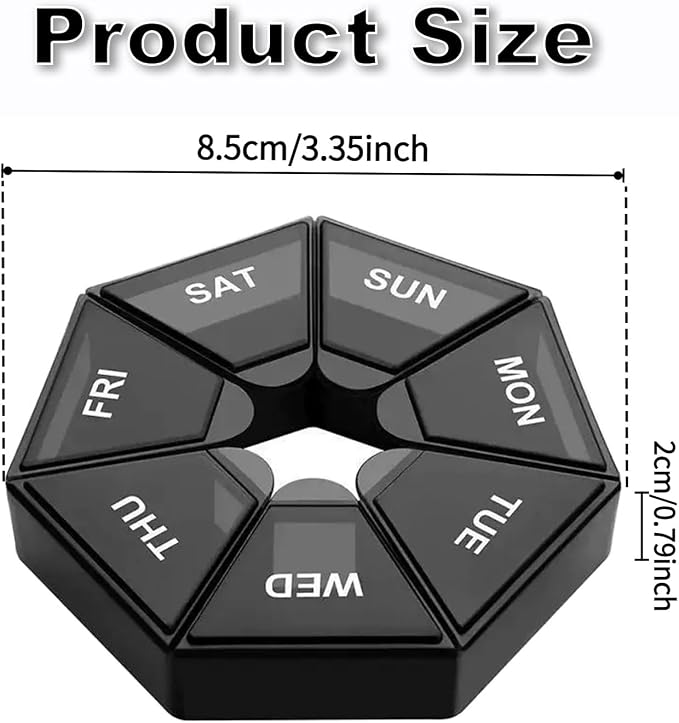 4X Travel Pill Organizer, Small Weekly Portable Pill Box Dispenser | 7 Compartments Weekly Medicine Vitamin Supplement Holder Reminder, Arthritis-Friendly (Black, Yellow, Green, Transparent)