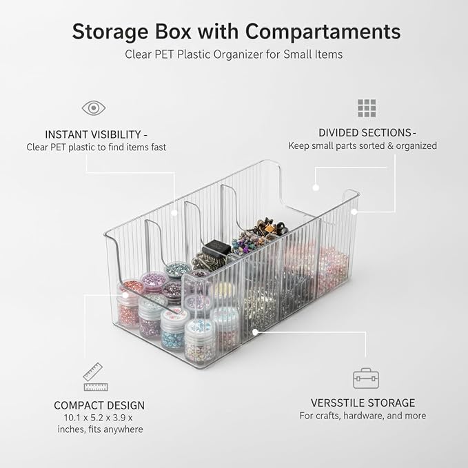 Storage Box with Compartments, Clear PET Plastic Organizer for Small Items, Desktop Bin for Nail Art and Hardware, 2L (1 PC)