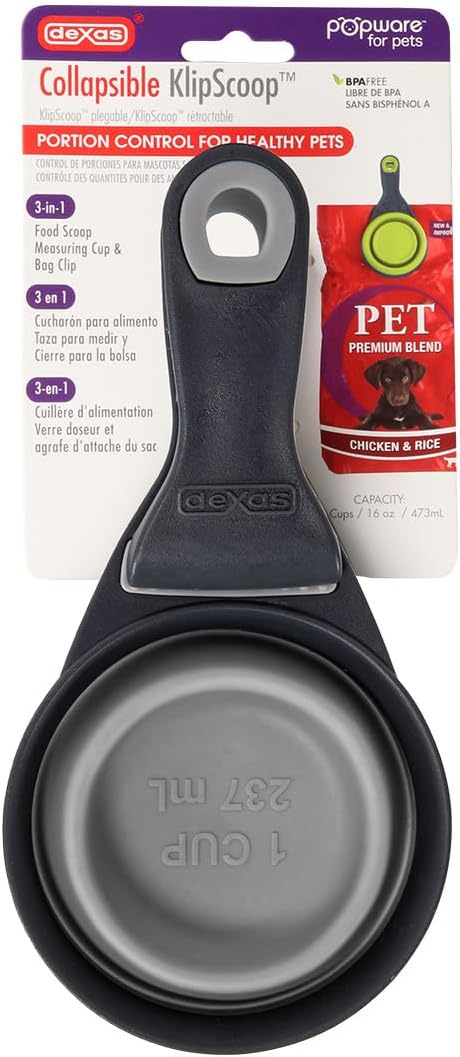 Dexas Popware for Pets Collapsible Klip Scoop, 3-in-1 Pet Food Scoop, Measuring Cup and Bag Clip, 1 Cup Capacity, Light Gray
