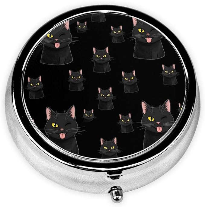 Mini Pill Case, Round Compact Organizer, Portable Holder for Supplements, Travel Pill Box Purse Carry for Students, Cool Funny Black Cats