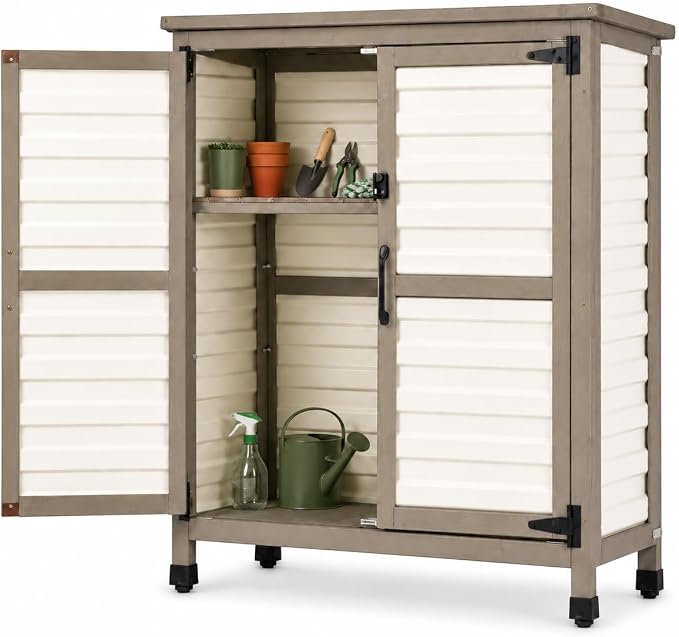 Ketive 32" Small Outdoor Storage Cabinet | Plastic Door Panels, 2-Tier Garden Cabinet for Porch, Balcony, Poolside, Backyard